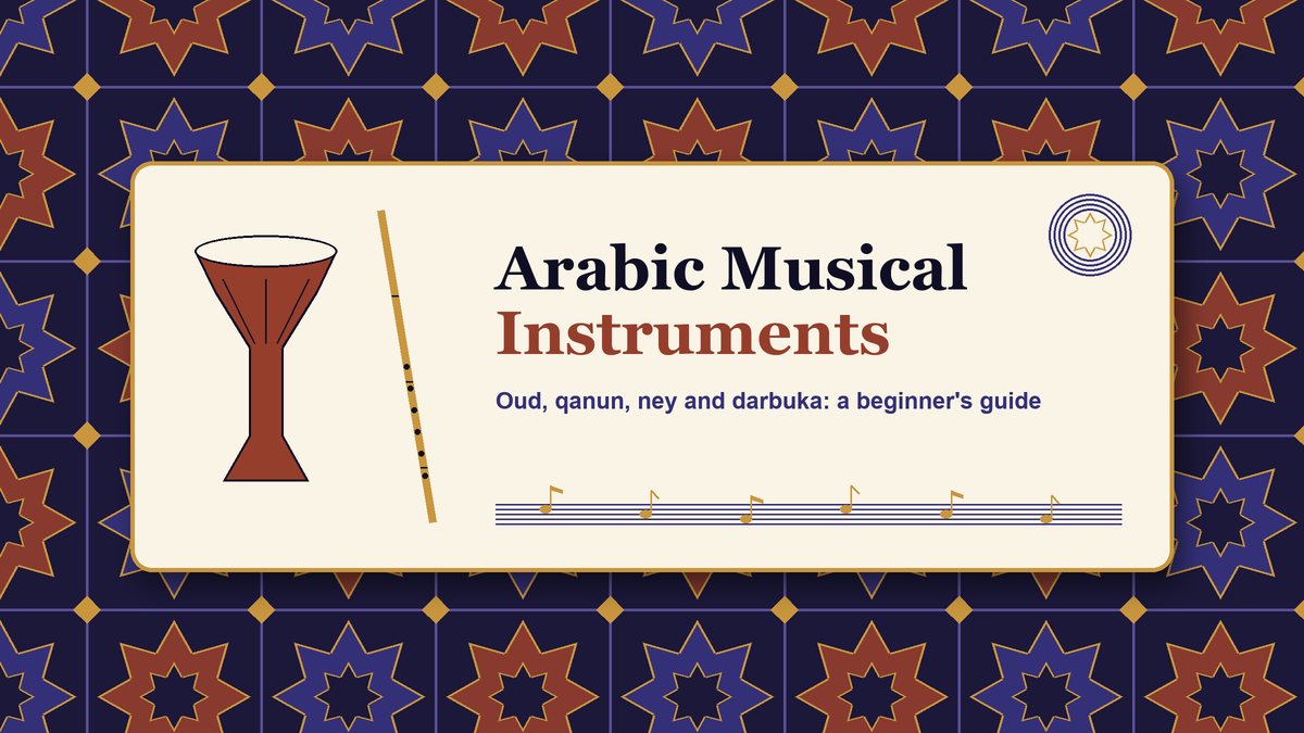 Arabic geometric tile pattern behind a card reading Arabic Musical Instruments: oud, qanun, ney and darbuka, with a drawn goblet drum and reed flute
