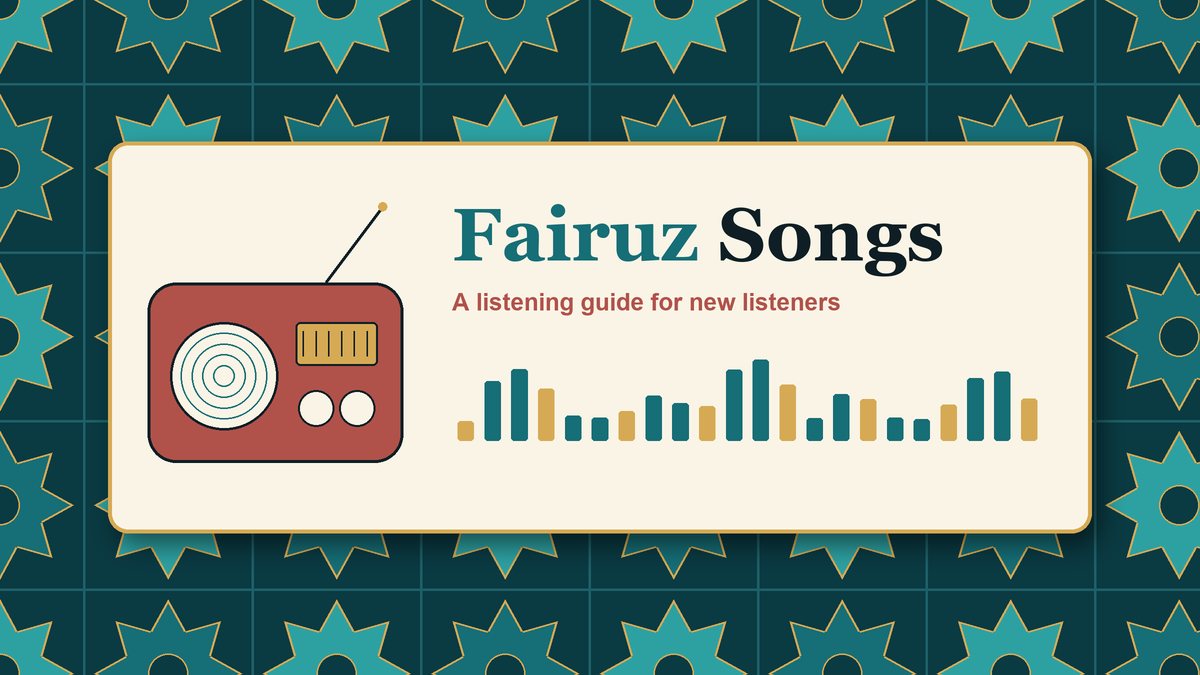 Turquoise tile pattern behind a cream card reading Fairuz Songs, with a drawn vintage radio and a row of sound bars