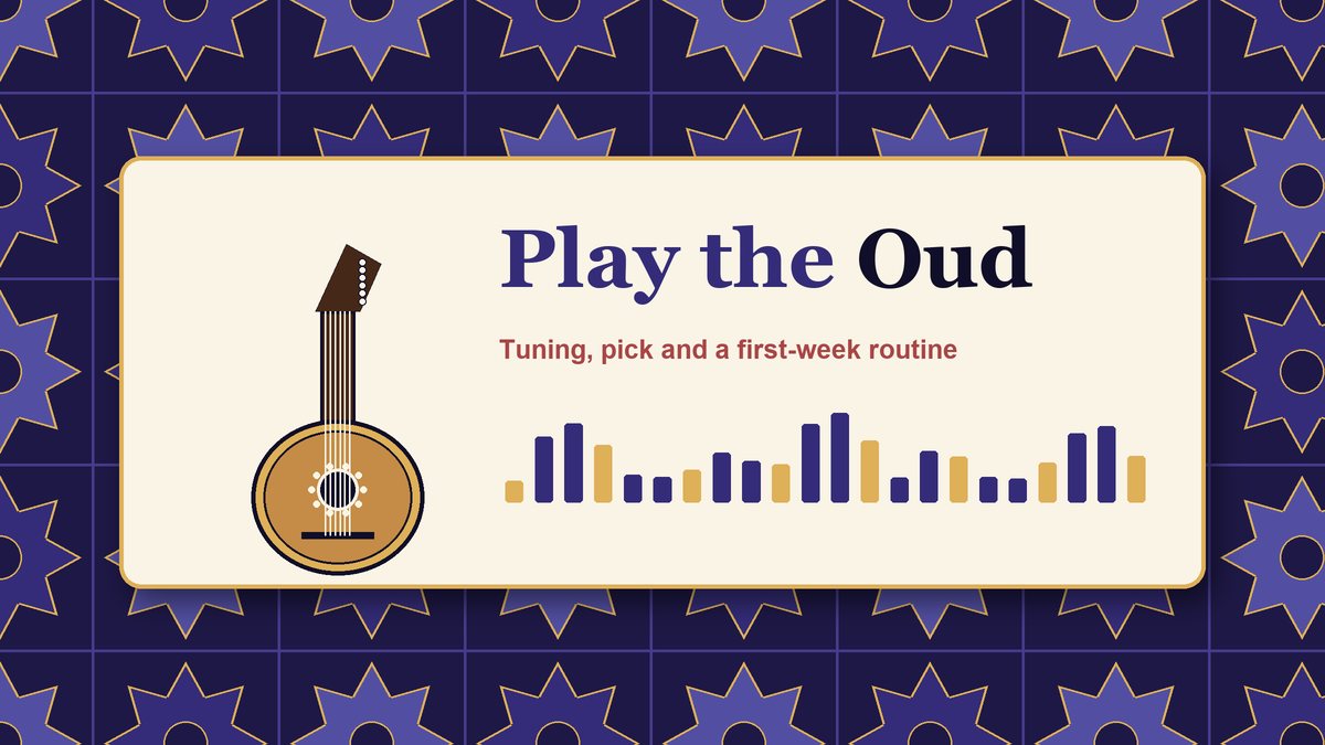 Indigo and gold tile pattern behind a cream card reading Play the Oud with a drawn pear-shaped oud and a row of tuning pegs