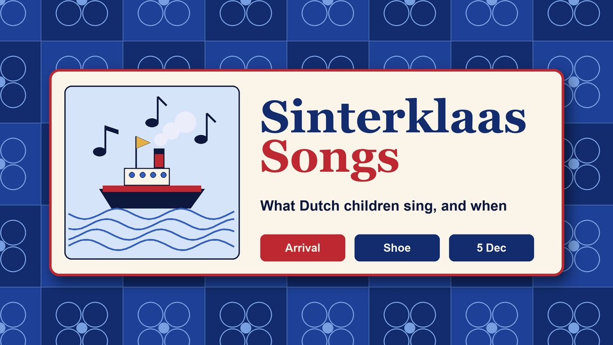 Delft-blue tile pattern behind a cream card reading Sinterklaas Songs with a drawn steamboat on waves and musical notes